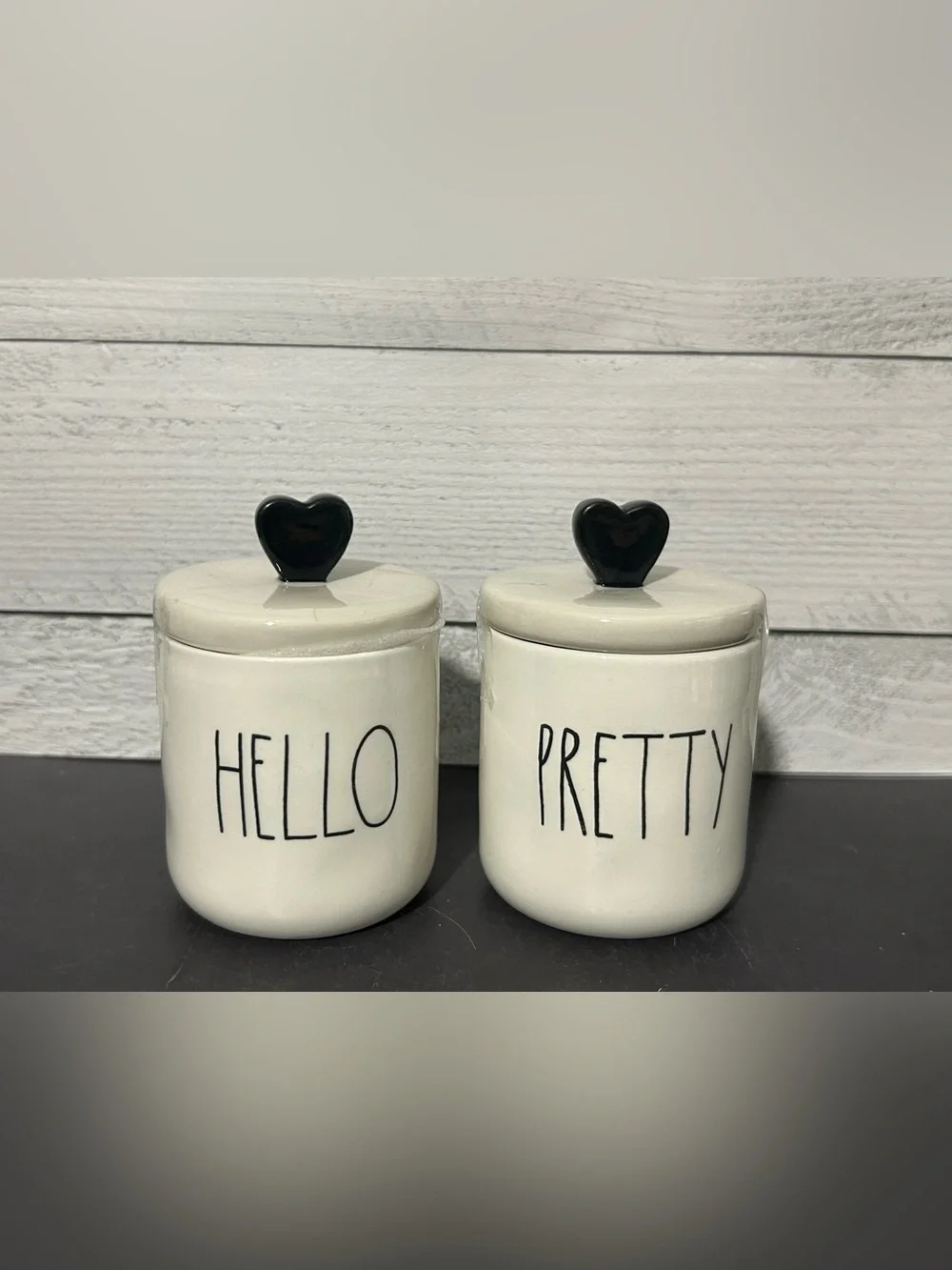 Rae Dunn White Ceramic 'Hello' & 'Pretty' Jar Set
